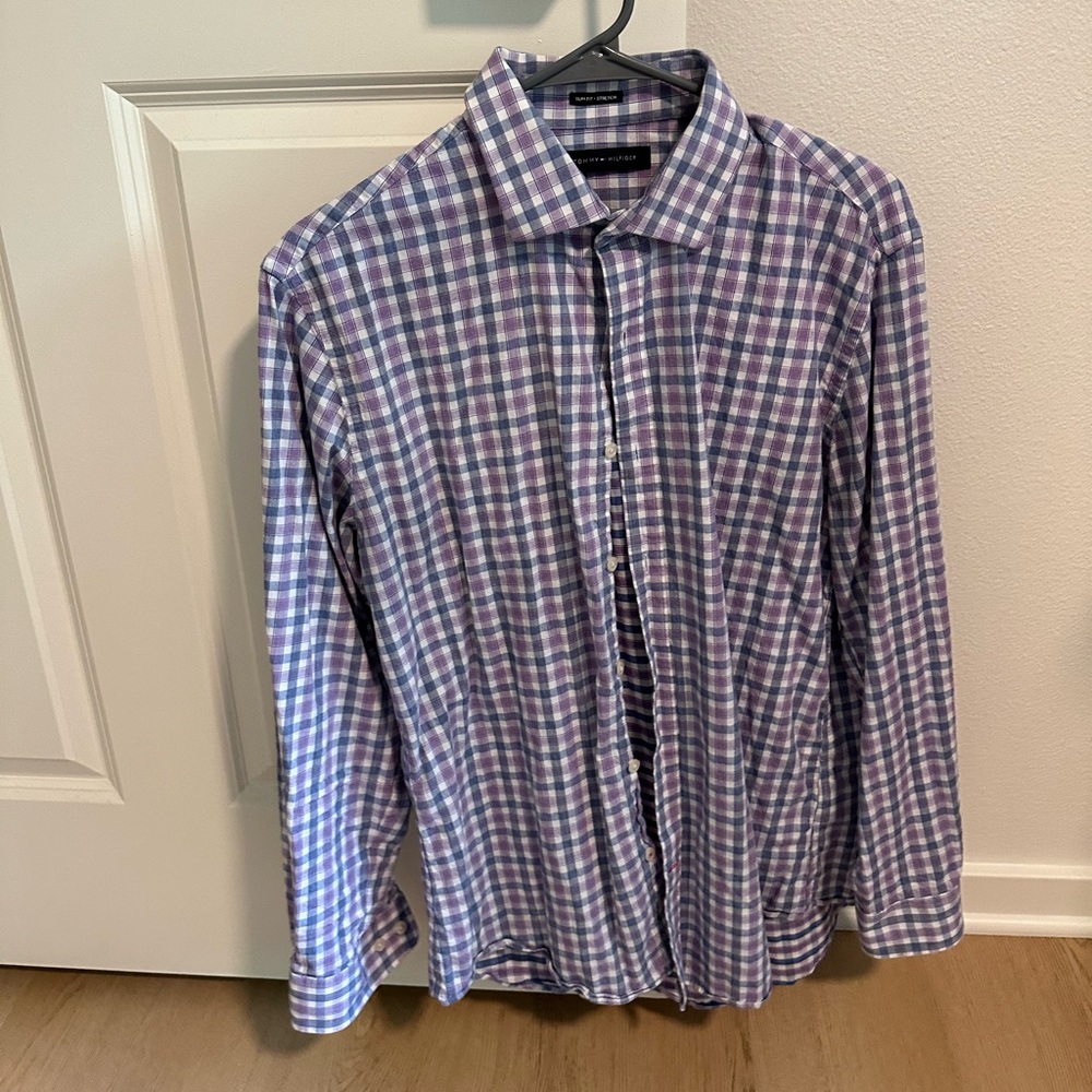 Tommy Hilfiger Purple and White Casual Button Down Shirt